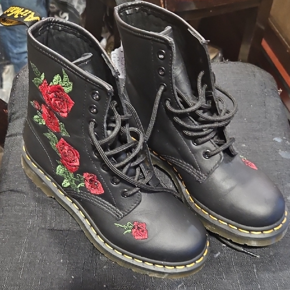 Dr. Martens Black and Red Combat Moto Boots with Signature Stitching